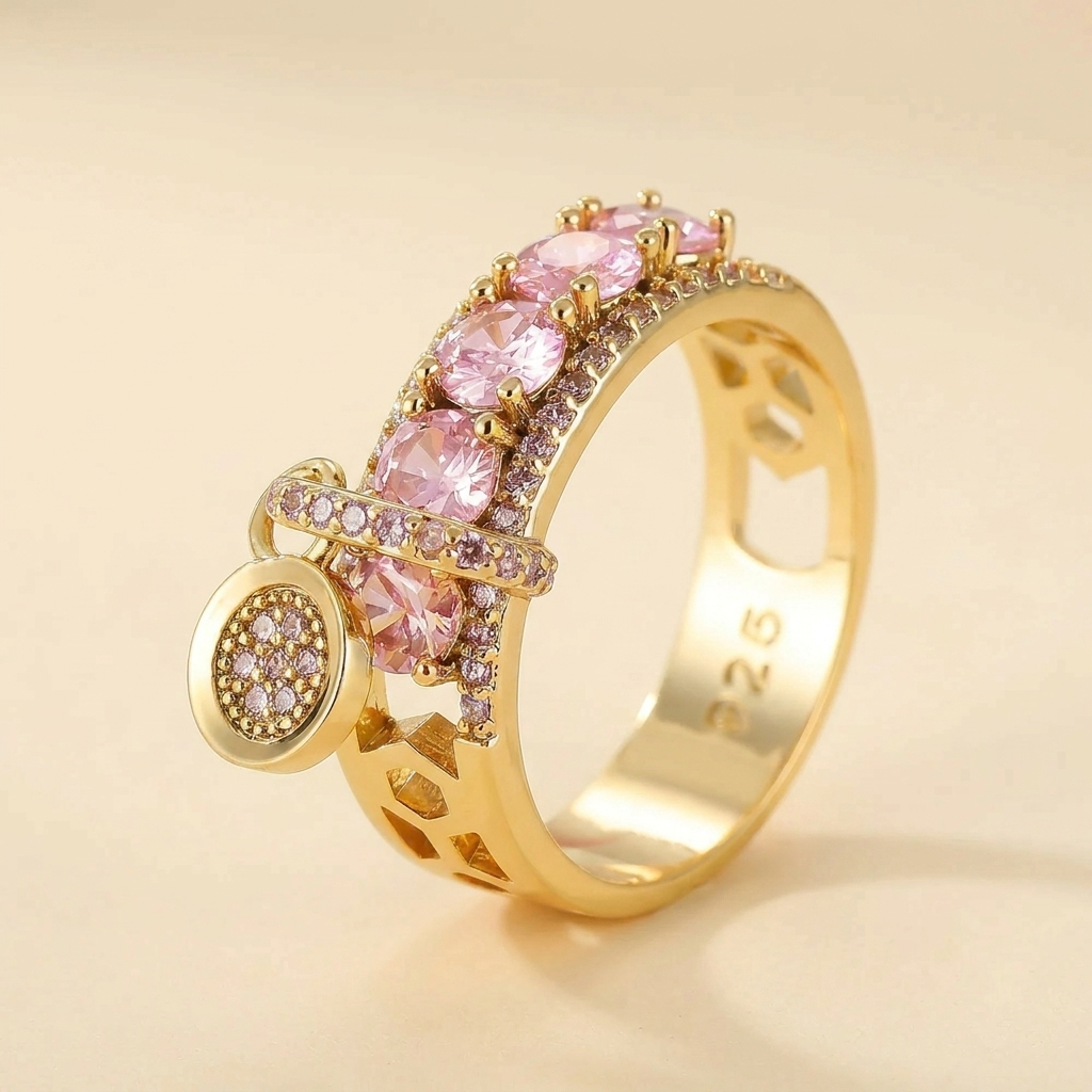 Pavé CZ Charm Ring – Pink Zircon Dangle Statement Ring, Gift for Her