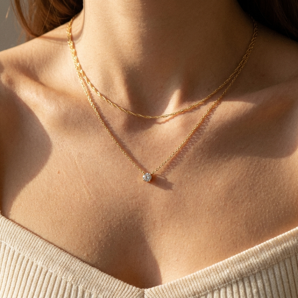 Gold CZ Solitaire Layered Necklace Set – Dainty - Plated Choker, Gift for Her