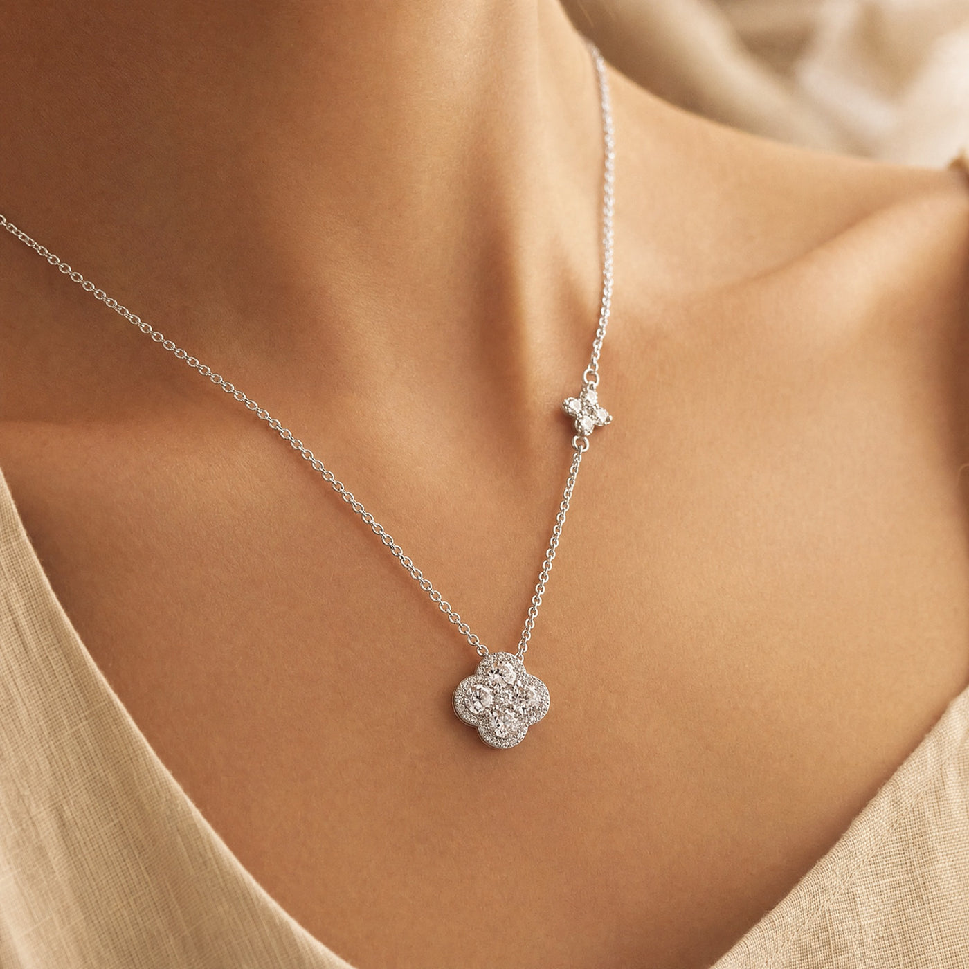Silver Pavé Clover Pendant Necklace – S925 CZ Dainty Layering Necklace, Gift for Her