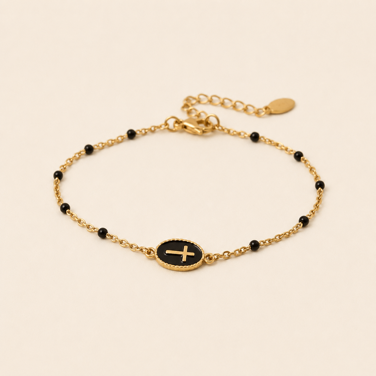 Gold Cross Charm Bracelet – Dainty Enamel Beaded Chain, Adjustable Faith Jewelry for Women