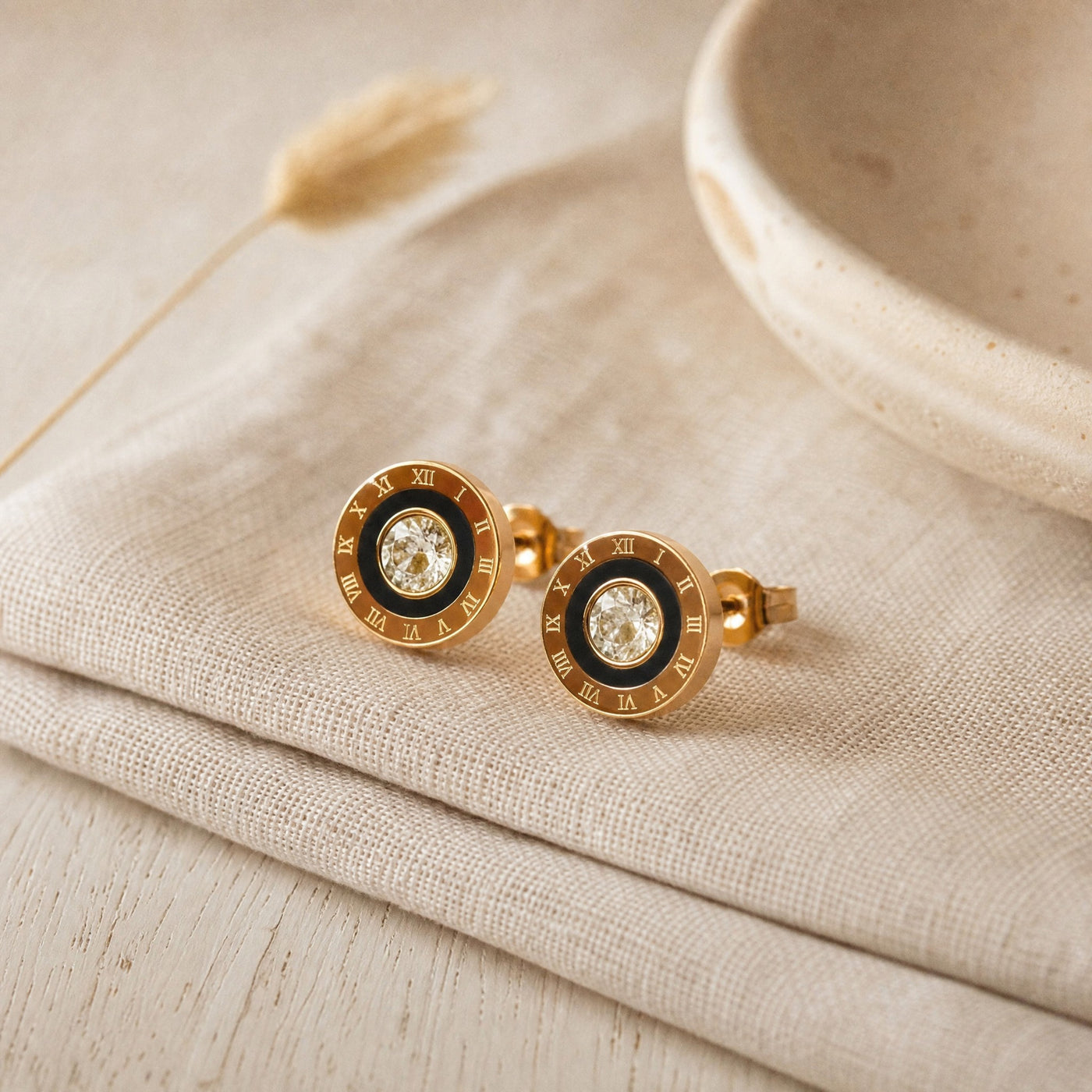 Gold Roman Numeral Stud Earrings – Black Enamel CZ Circle Studs, Dainty Gold Earrings Gift for Her