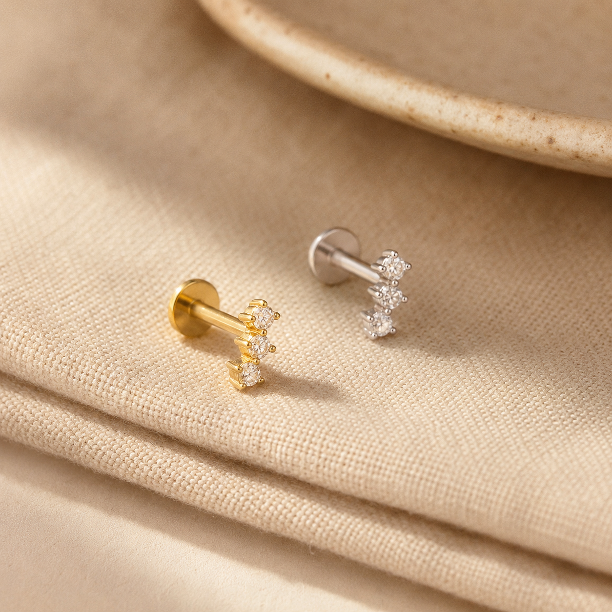 Triple CZ Flat Back Labret Earring – Dainty Gold Silver Cartilage Stud, Gift for Her