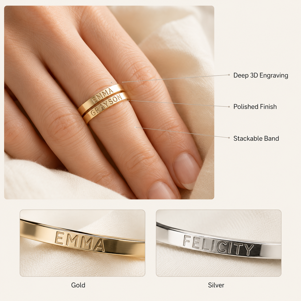 Custom Engraved Name Ring – Dainty Stackable Personalized Gold Silver Ring, Gift for Her