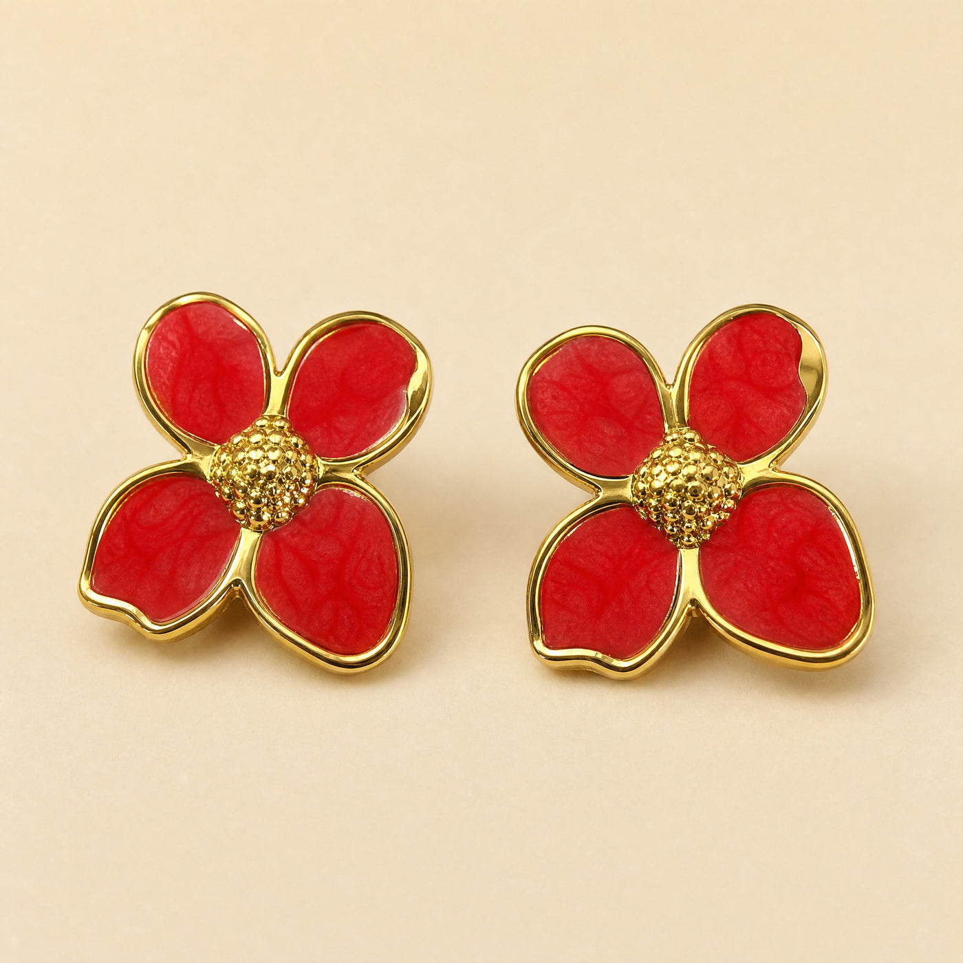 Gold Enamel Flower Stud Earrings – Dainty Floral Gold-Tone Studs, Gift for Her