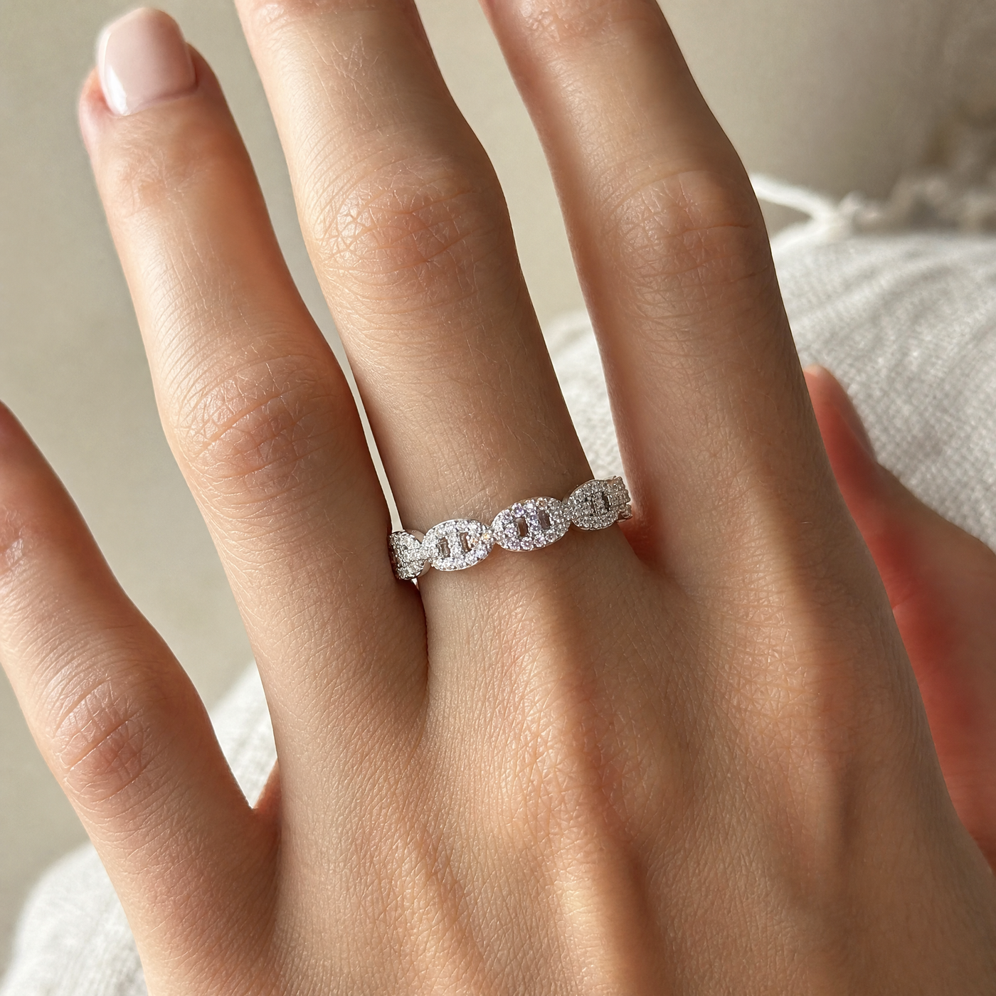 Pavé Mariner Chain Ring – Stackable Gold Silver CZ Band Ring for Women, Dainty Gift