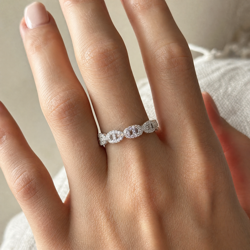 Pavé Mariner Chain Ring – Stackable Gold Silver CZ Band Ring for Women, Dainty Gift
