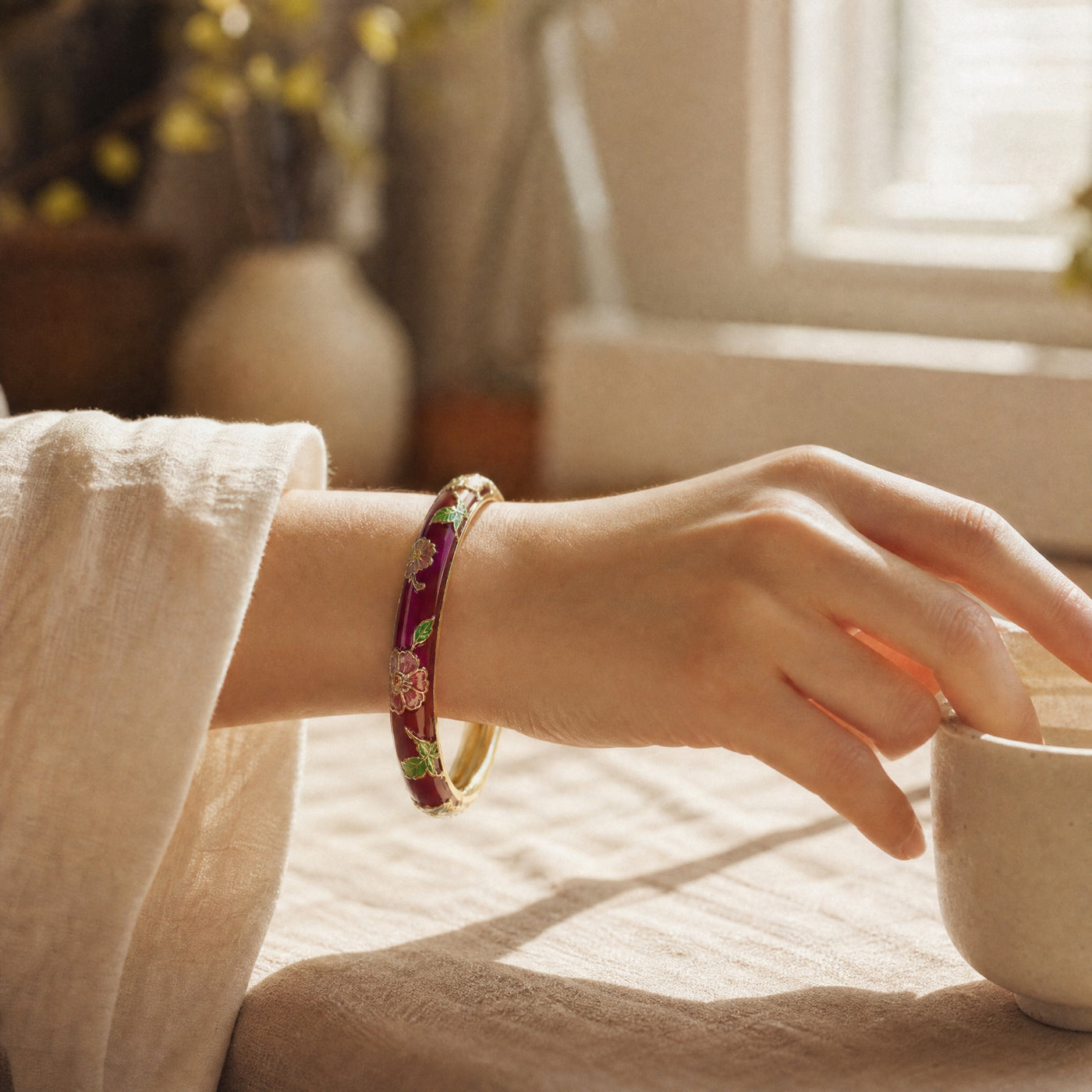 Cloisonne Enamel Bangle – Floral Peony Filigree Ethnic Vintage Bracelet, Gift for Her