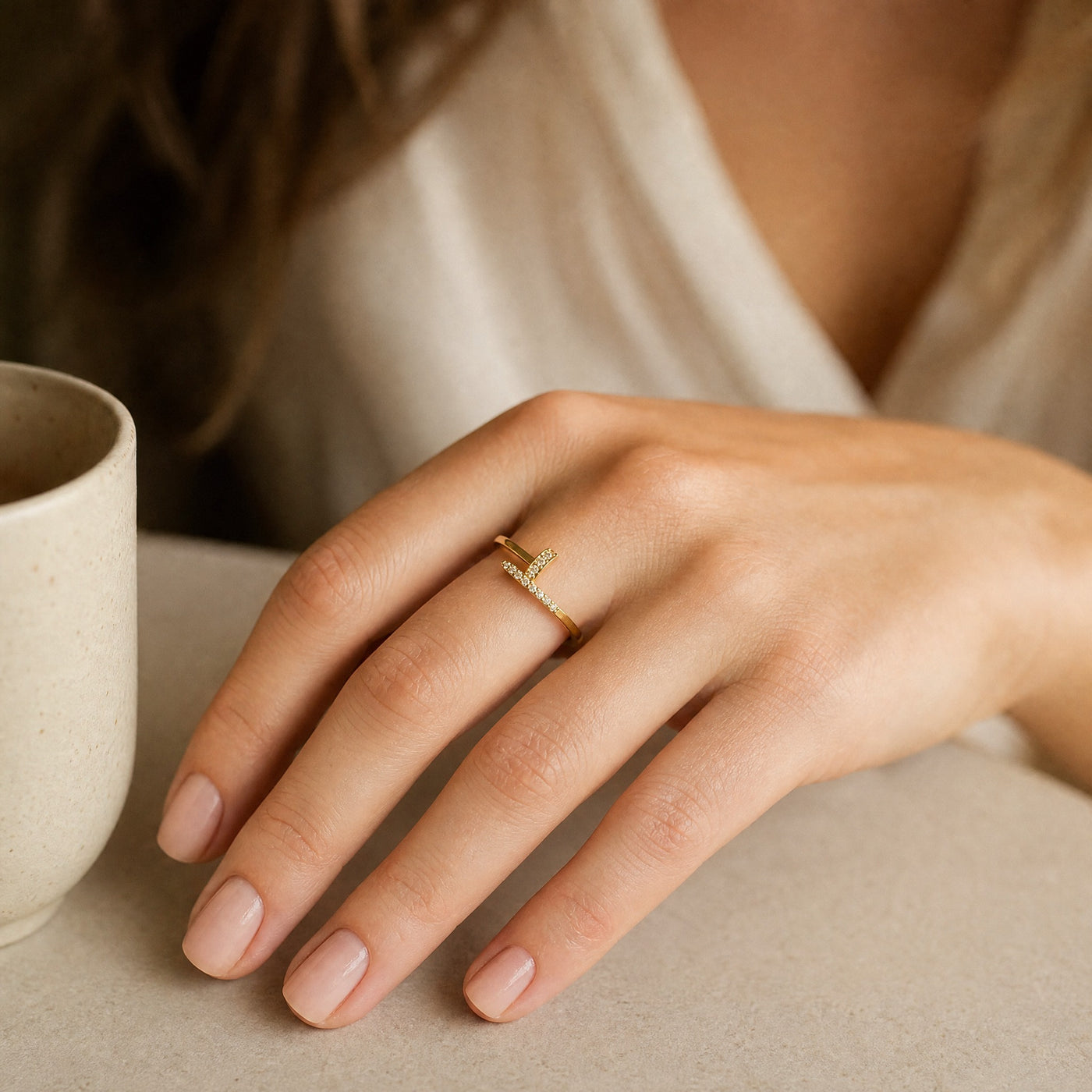 Gold Pavé Nail Ring – Dainty Open Band CZ Plated Ring for Women