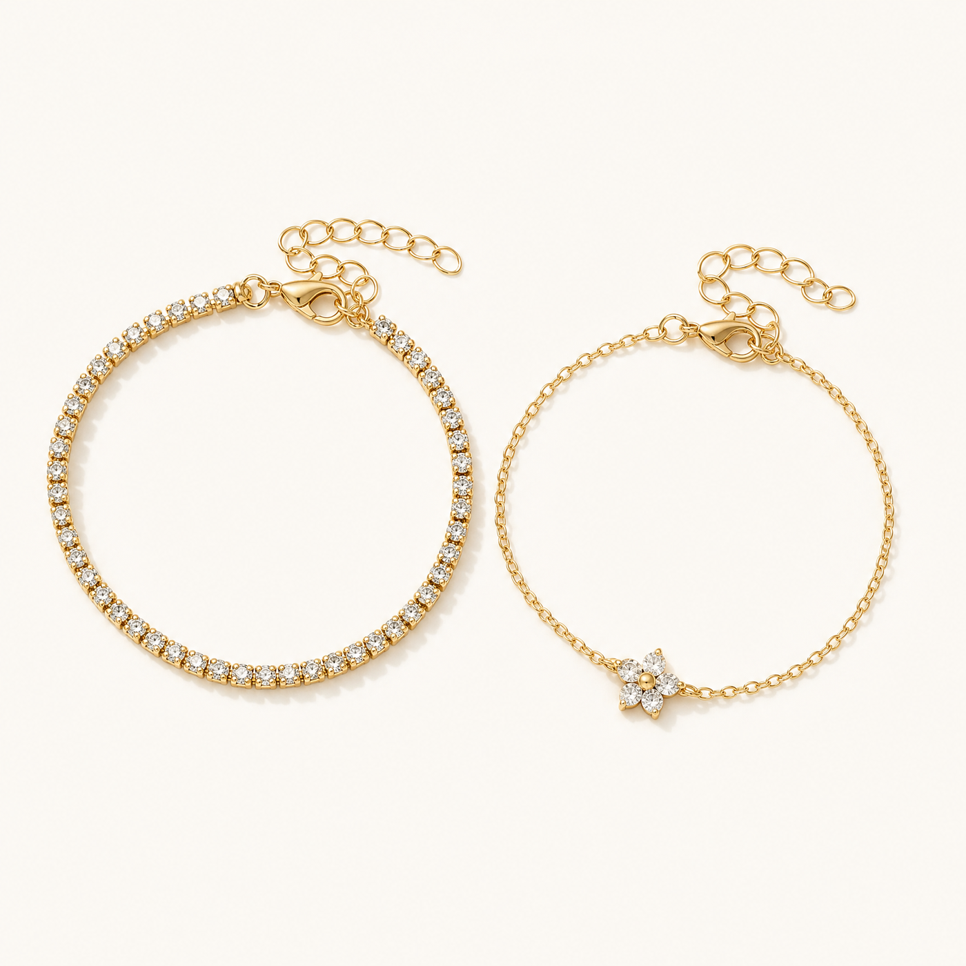 Gold Pavé Tennis & Flower CZ Bracelet Set – Dainty Layering Bracelets, Gift for Her
