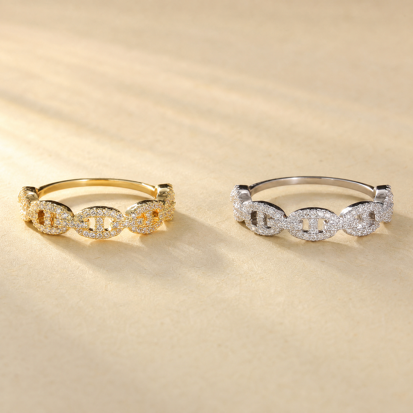Pavé Mariner Chain Ring – Stackable Gold Silver CZ Band Ring for Women, Dainty Gift