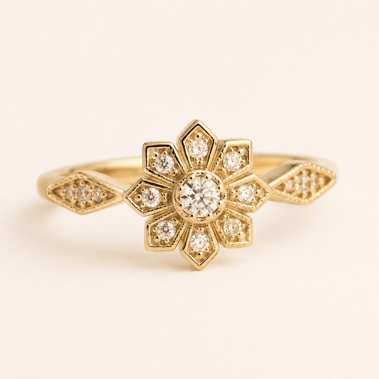 Gold Pavé Flower Ring – Dainty CZ Statement Ring, Adjustable Band, Gift for Her