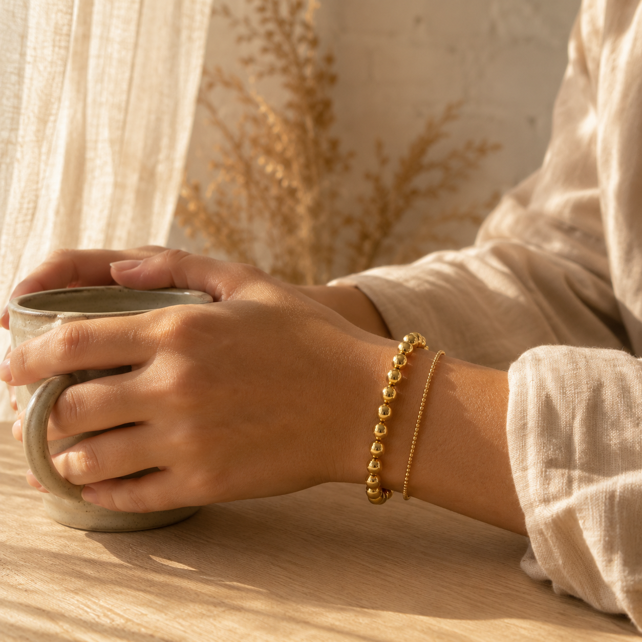 Gold Beaded Bracelet – 8mm Stainless Steel Stretch Bracelet, Stackable Minimalist Jewelry for Women