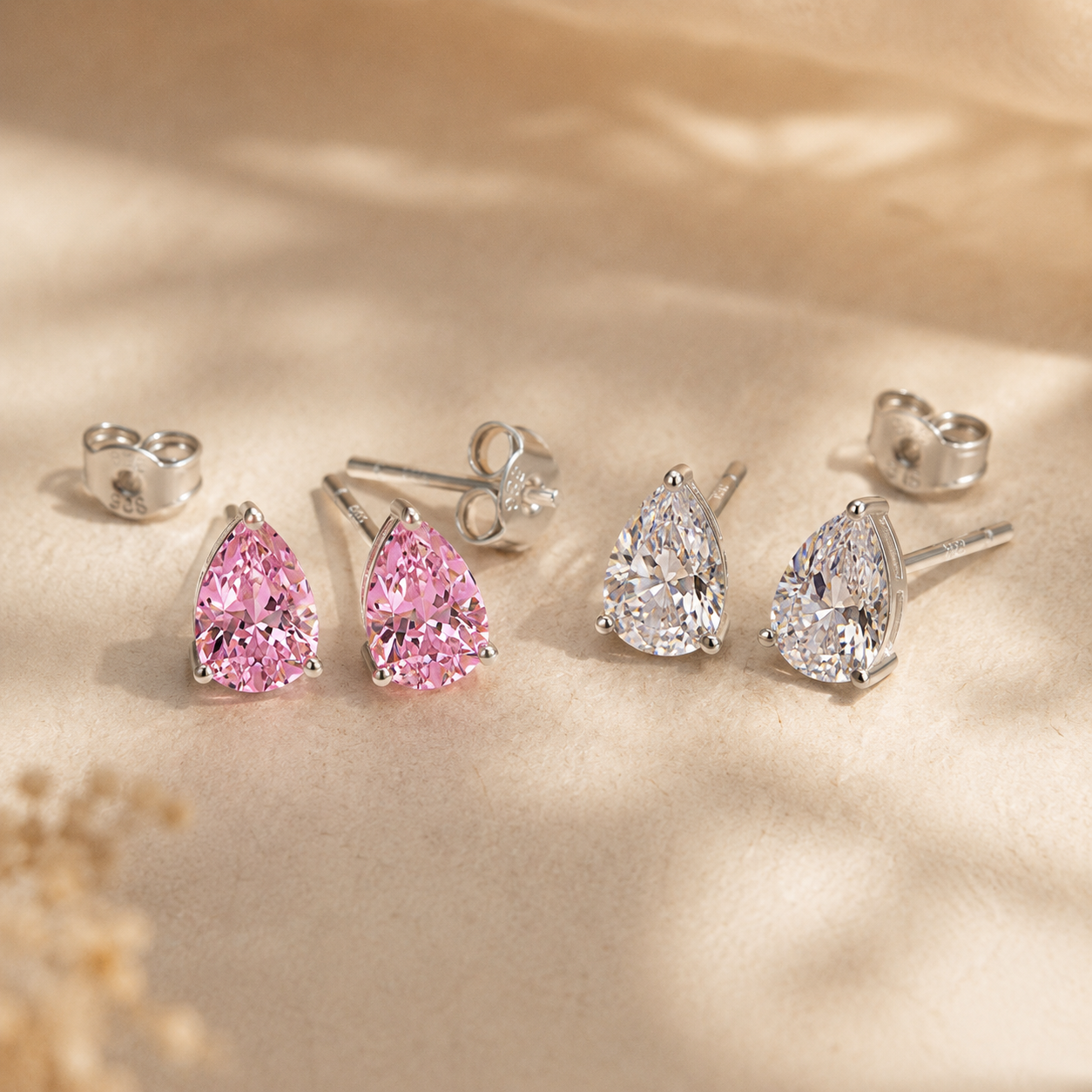 Silver Pear CZ Stud Earrings – Silver Pink Crystal Dainty Gift for Her