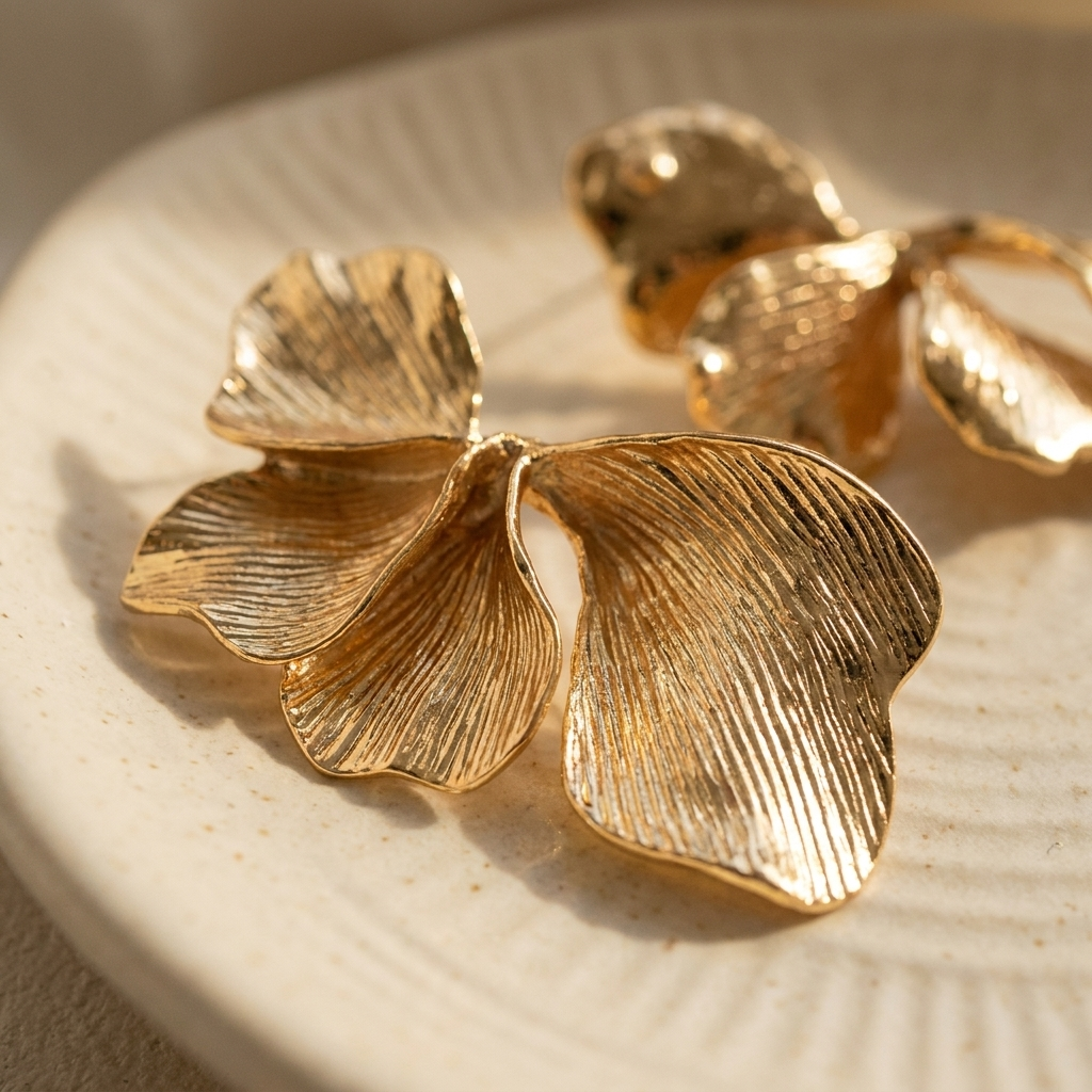 Large Flower Petal Earrings – Textured Statement Drop, Stainless Steel Floral Earrings for Her